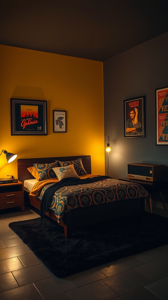 A retro-inspired dark bedroom featuring a yellow wall, inviting bed with patterned bedding, vintage posters, and a warm lamp.