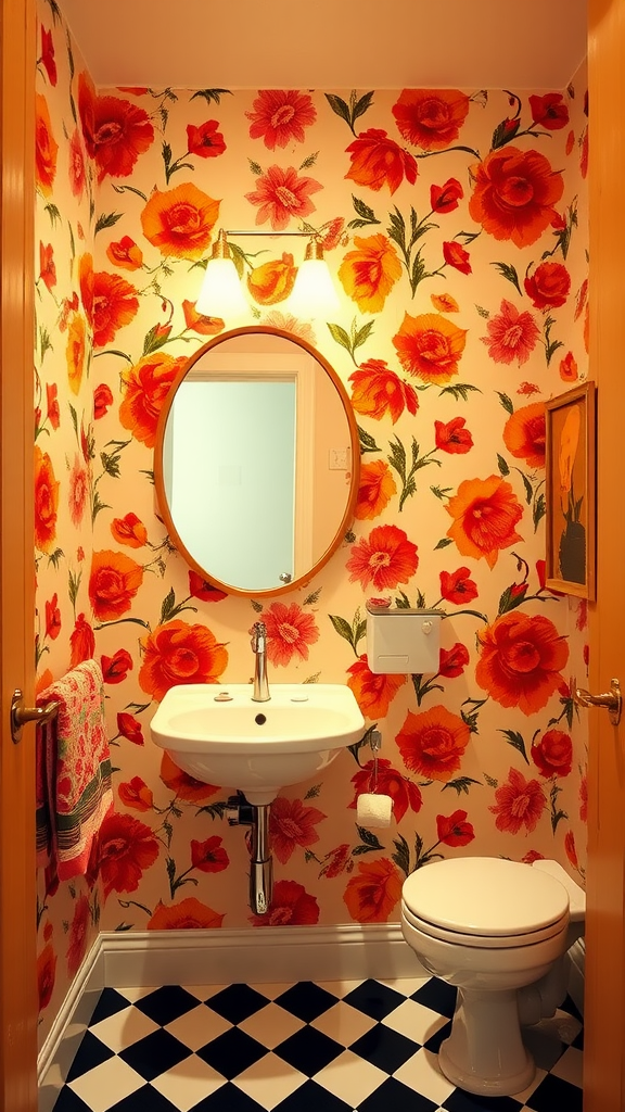 A 70s style bathroom featuring bold floral wallpaper with reds and pinks, a round mirror, and a black and white checkered floor.