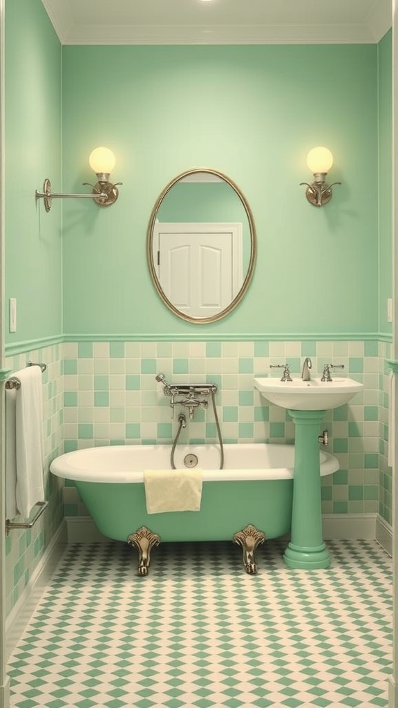 A retro mint green bathroom featuring a clawfoot tub, checkerboard flooring, and wall-mounted sconces.