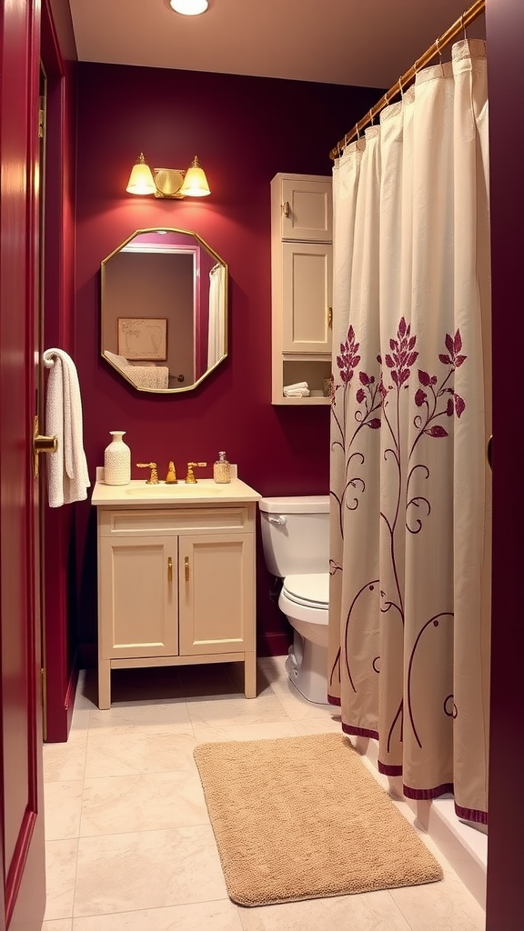 Small bathroom featuring rich burgundy walls and beige fixtures, with a floral shower curtain