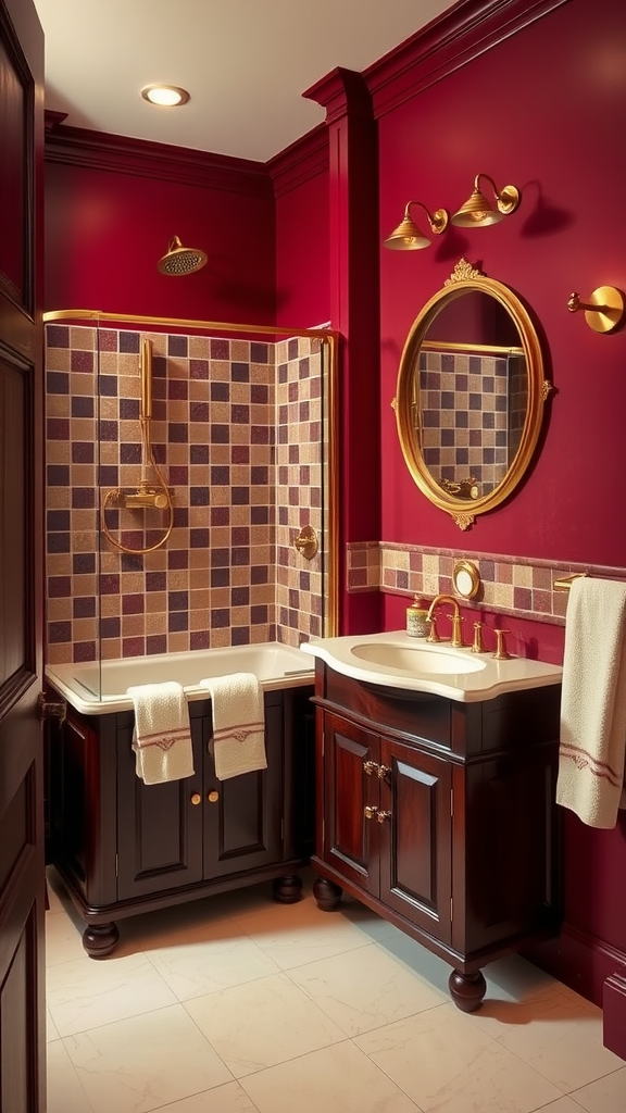 A luxurious bathroom with rich burgundy walls, cream accents, and elegant fixtures.