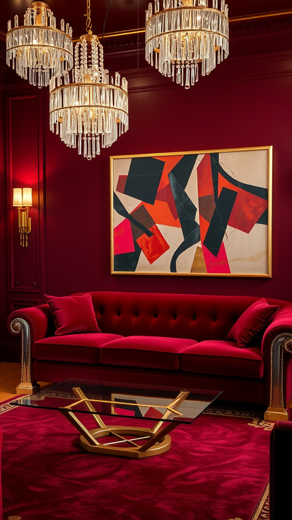 Art Deco living room with a rich burgundy wall, a velvet sofa, crystal chandeliers, and a modern artwork