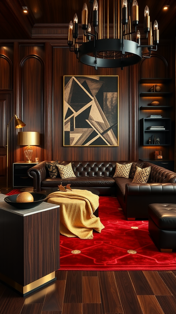 An elegant Art Deco living room featuring dark wood paneling, a modern chandelier, a leather sofa, a red rug, and stylish decor.