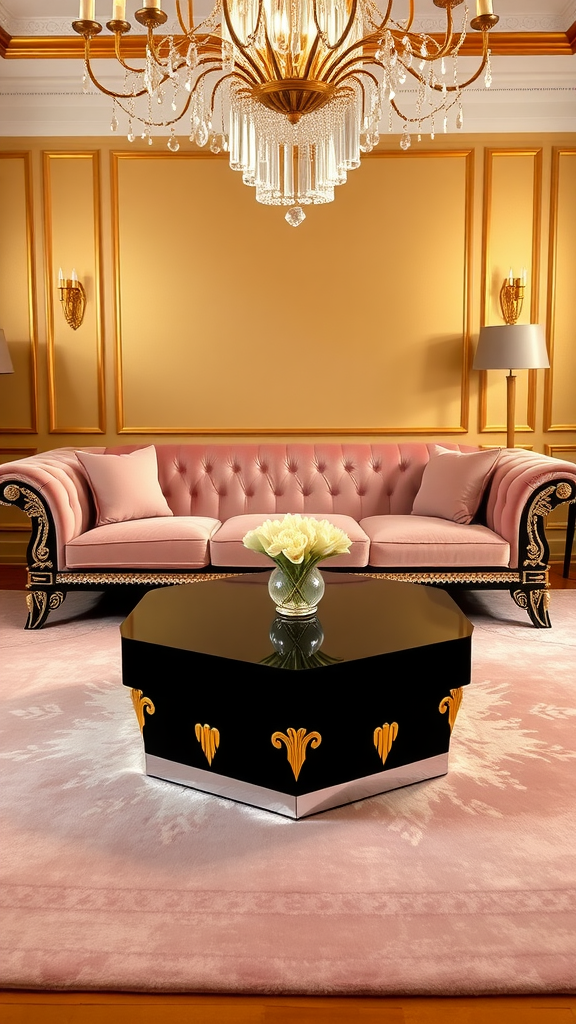 Luxurious Art Deco living room featuring a pink sofa, black coffee table, and golden chandelier.