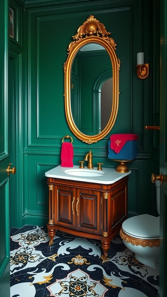 A stylish half bathroom featuring deep green walls, a gold-framed mirror, wooden vanity, and a patterned floor.