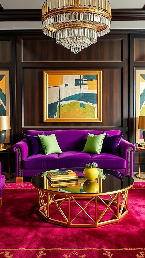 A stylish living room featuring a purple sofa, green cushions, a mirrored coffee table, and colorful abstract art.