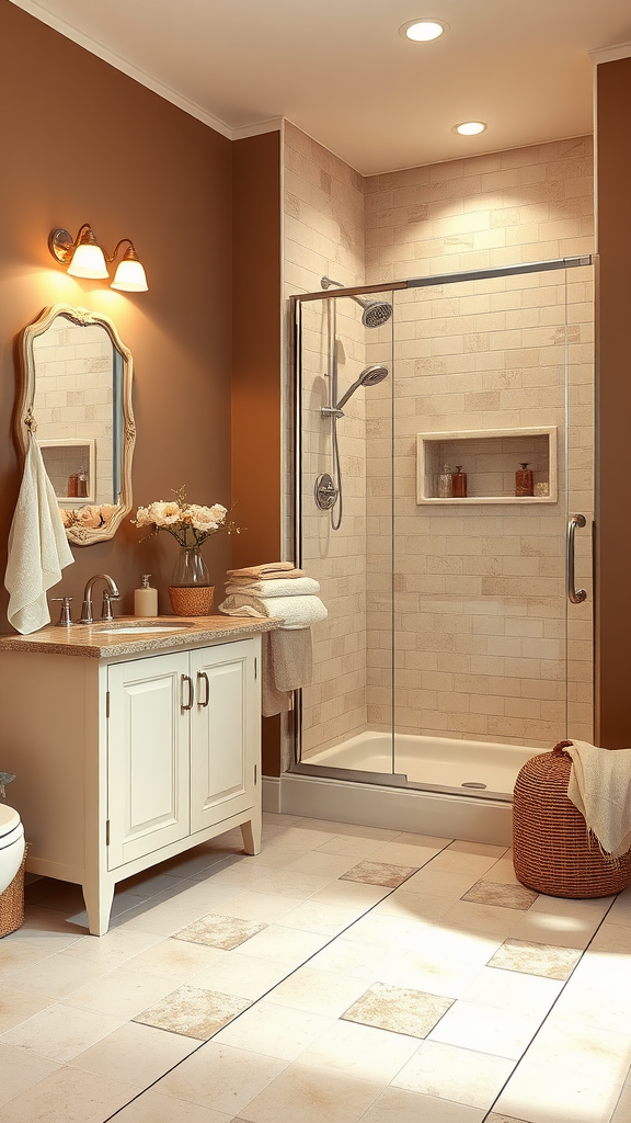 A cozy bathroom featuring rich mocha walls and cream accents, with a glass shower, beige tiles, and natural decor.