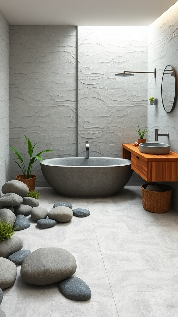 A serene rock garden bathroom with smooth stones, a round bathtub, and wooden accents