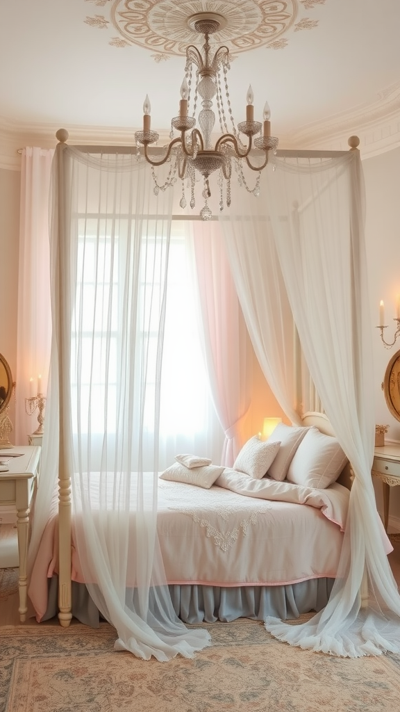 A romantic bohemian bedroom featuring a bed with sheer curtains, a chandelier, and soft pastel decor.