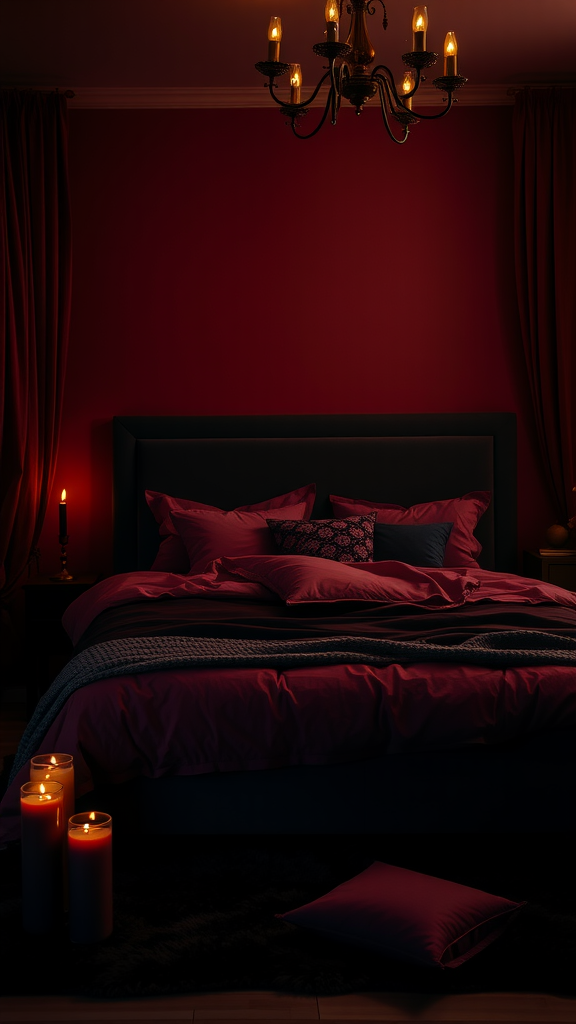 A dark romantic bedroom with red walls, a beautifully made bed, and soft candlelight.