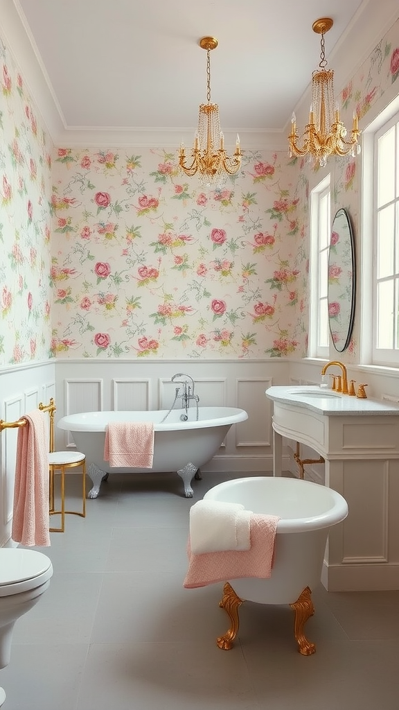 Stylish Parisian bathroom with floral wallpaper, freestanding bathtubs, and golden chandeliers.