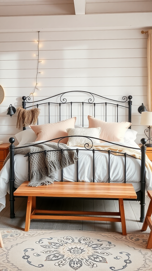 Cozy romantic rustic bedroom with a black headboard, plush bedding, wooden bench, and warm lighting.