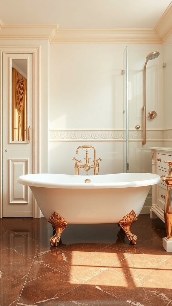 A luxurious rose gold Art Deco bathroom featuring a freestanding tub with claw feet, rose gold fixtures, and dark marble flooring.