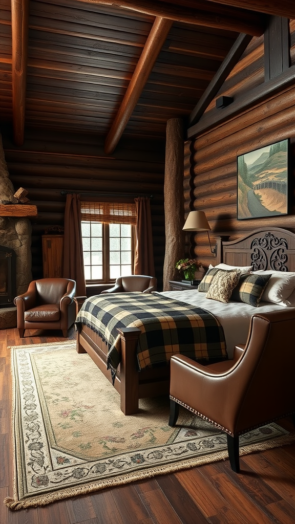 Rustic bedroom with wooden log walls, plaid blanket on the bed, and leather chairs.