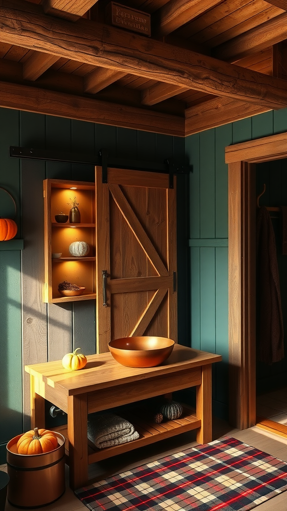 A rustic bathroom with wooden features, a bowl on a table, small pumpkins, and a plaid rug.