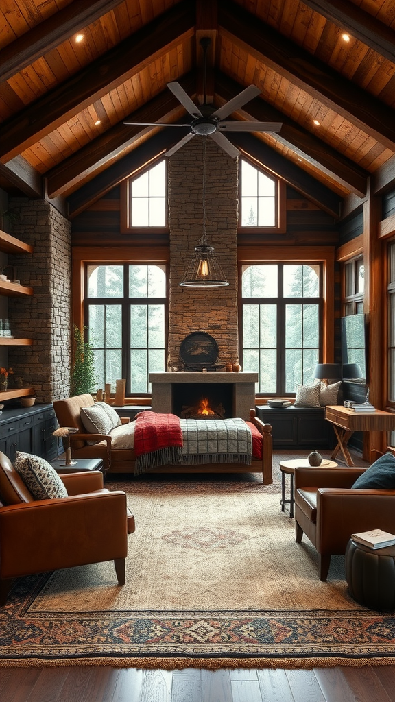 A cozy rustic chalet bedroom featuring large windows, leather seating, a stone fireplace, and warm decor.