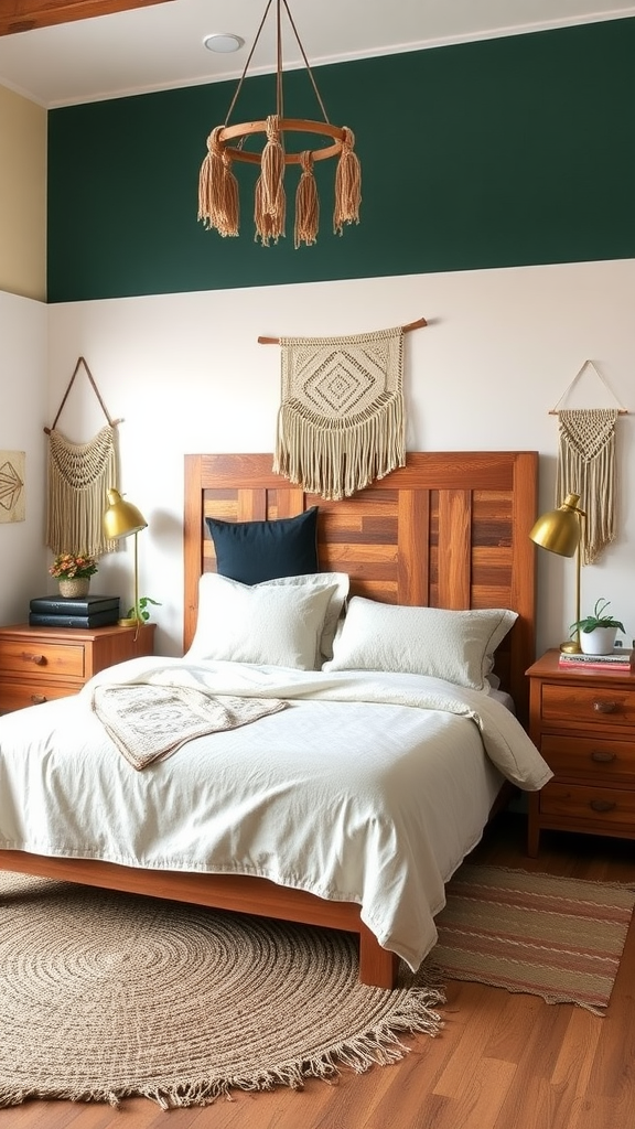 A rustic chic bohemian bedroom featuring a wooden bed, neutral bedding, macramé wall decor, and a round jute rug.