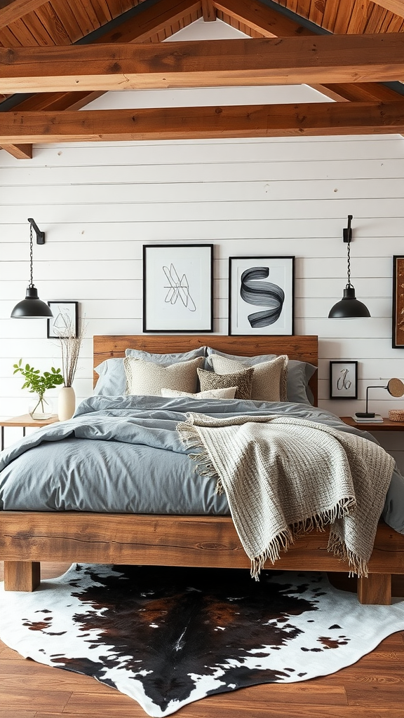 A modern rustic bedroom featuring a wooden bed, grey linens, and a cowhide rug.