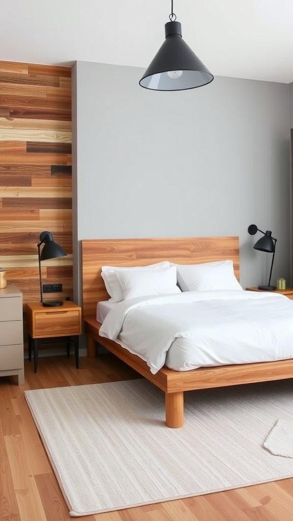 A modern rustic bedroom with a wooden bed frame, gray walls, and a wood panel accent wall.