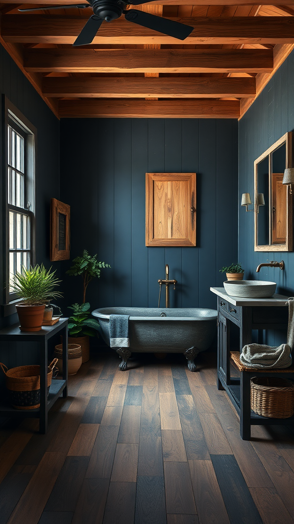 Rustic dark blue bathroom featuring wooden details and a vintage bathtub.