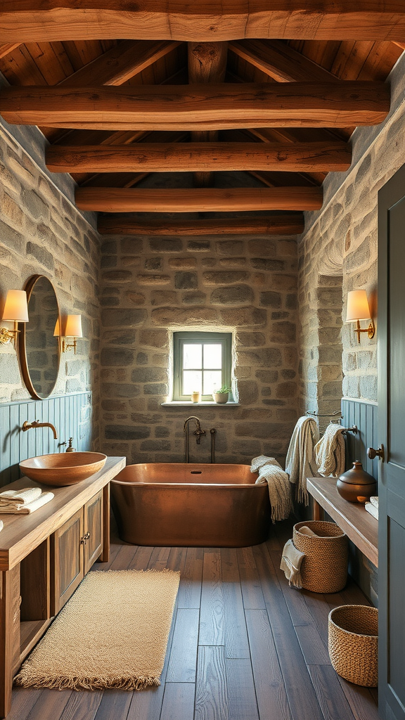 A rustic bathroom featuring stone walls, wooden beams, a copper bathtub, and natural decor.