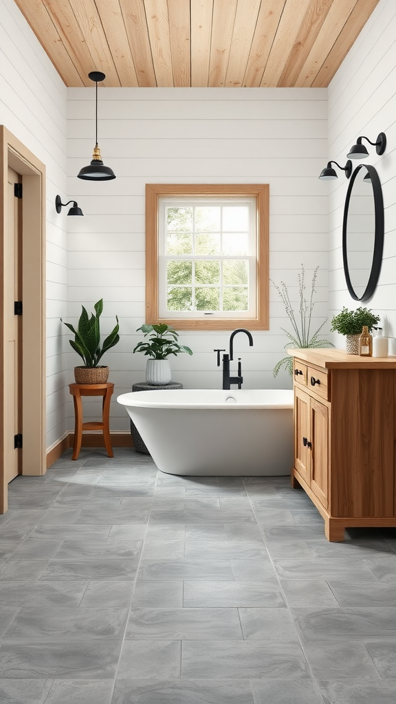 A beautifully designed rustic bathroom featuring a freestanding tub, wooden ceiling, and potted plants.