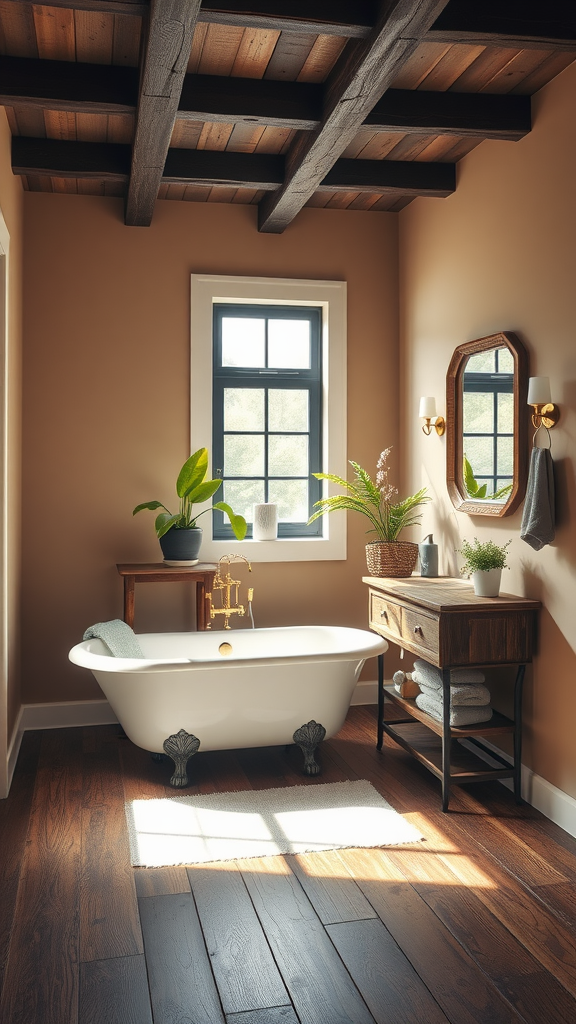 A rustic cottage bathroom featuring a clawfoot tub, wooden beams, plants, and a wooden vanity.