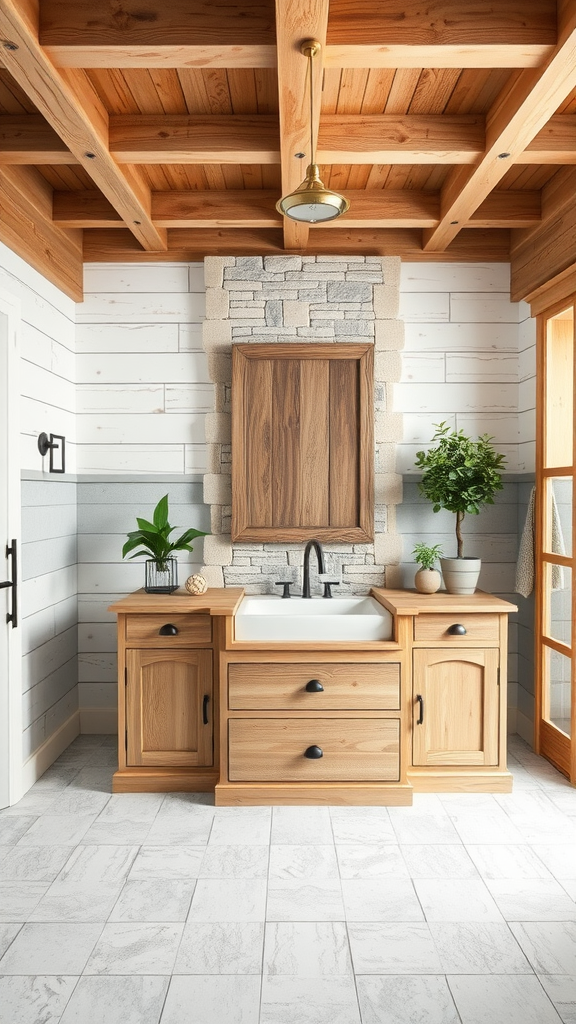 A rustic farmhouse bathroom featuring wooden cabinetry, a sleek sink, and natural wood ceiling beams, with plants and stone detailing.