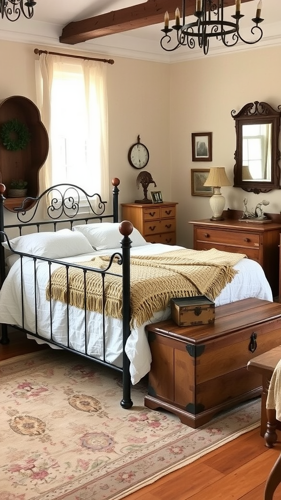 A cozy rustic farmhouse bedroom featuring a black metal bed frame, a knitted blanket, wooden furniture, and antique decor.