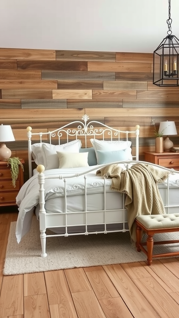 A cozy rustic farmhouse bedroom featuring a white metal bed frame, wooden wall, and warm lighting.