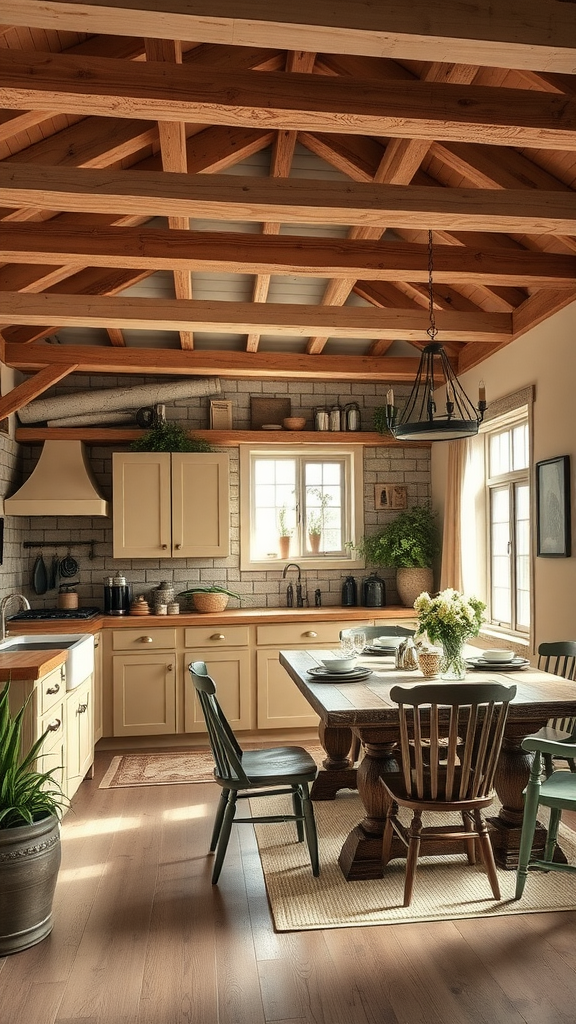 Rustic farmhouse kitchen and dining area with wooden beams and cozy decor