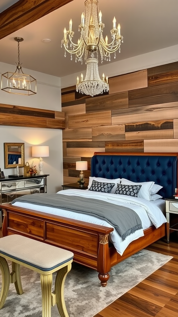 A beautifully styled rustic glam bedroom featuring a wooden bed with a blue tufted headboard, chandeliers, and elegant mirrors.