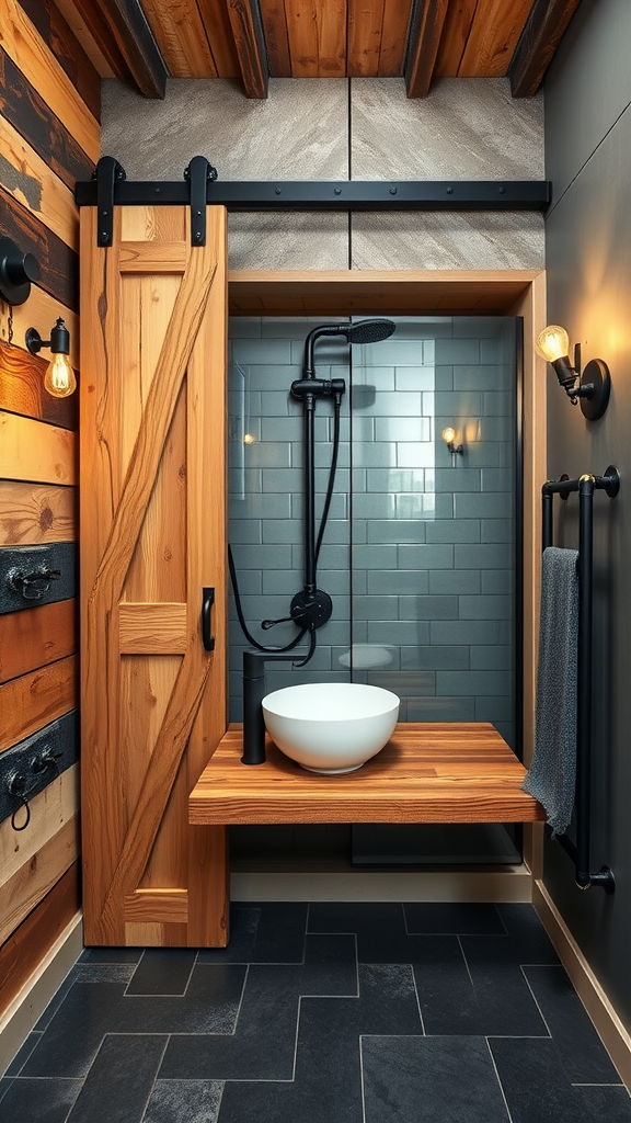 Rustic industrial bathroom featuring a sliding barn door, wood accents, and modern fixtures.