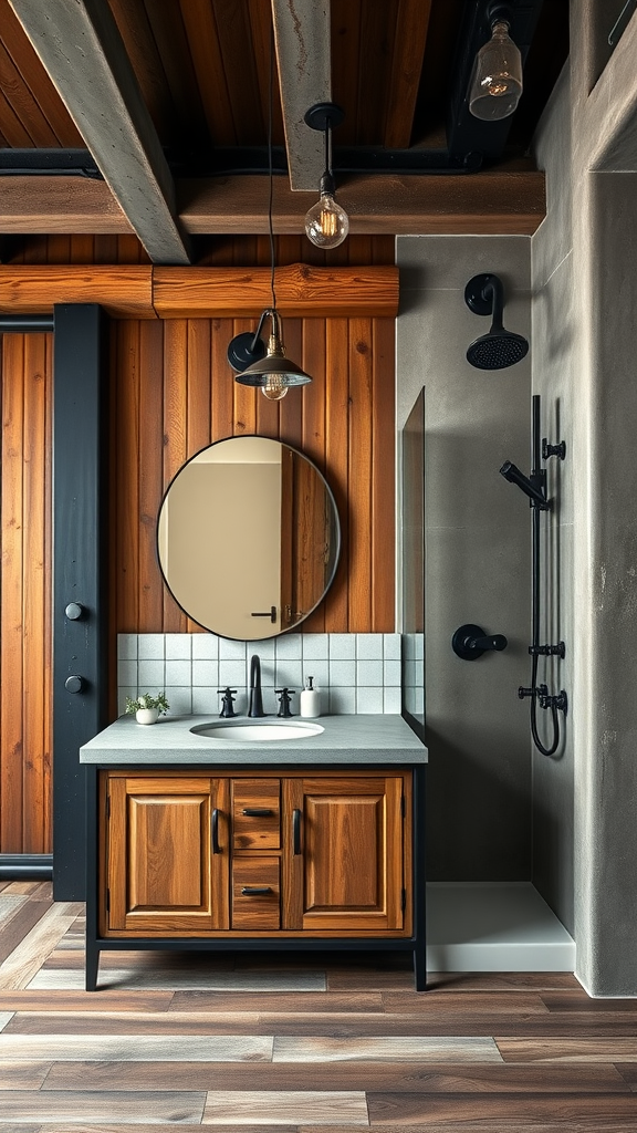 Rustic industrial bathroom with wooden accents and modern fixtures