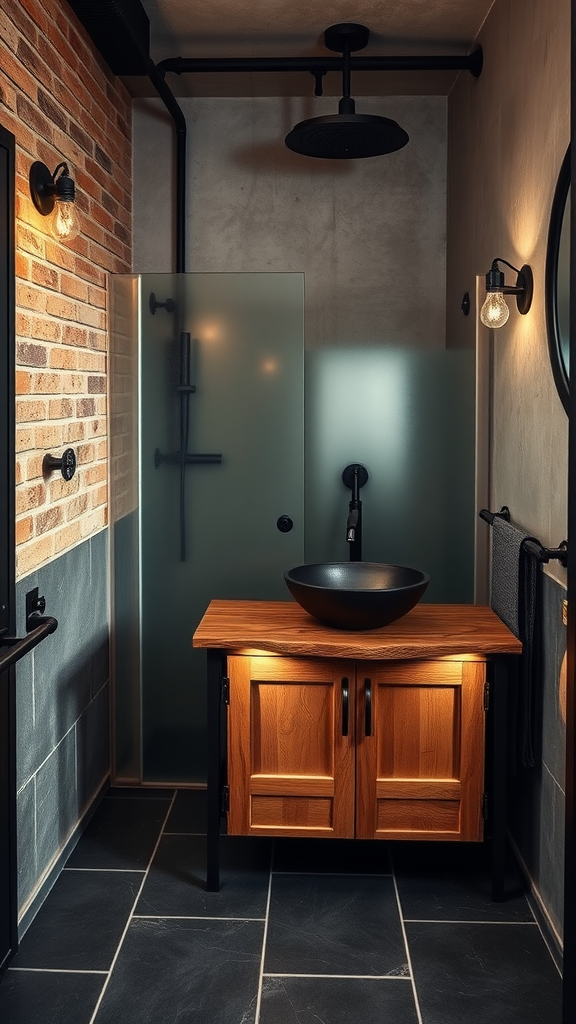 Rustic industrial bathroom featuring a wooden vanity, black fixtures, and brick walls