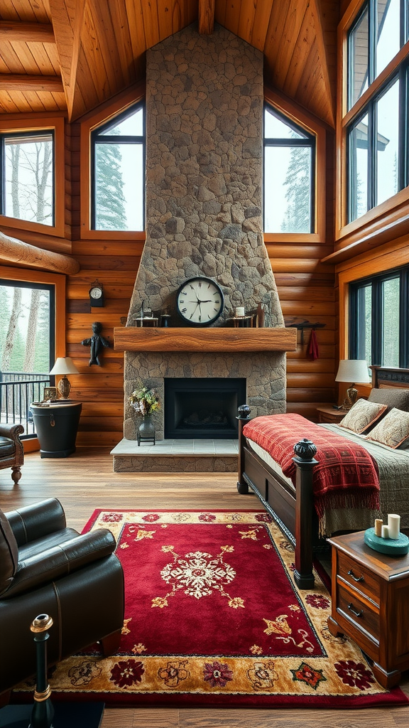 Rustic lodge bedroom featuring a stone fireplace, wooden walls, dark accents, and warm textiles.