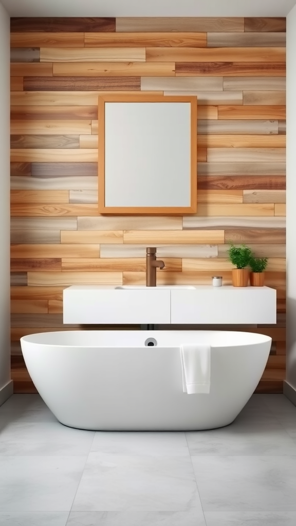 Minimalist bathroom featuring a wooden wall, white bathtub, and simple cabinetry.