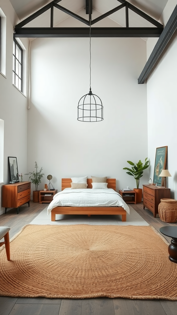 A rustic minimalist loft bedroom with wooden furniture, high ceilings, and a large round rug.