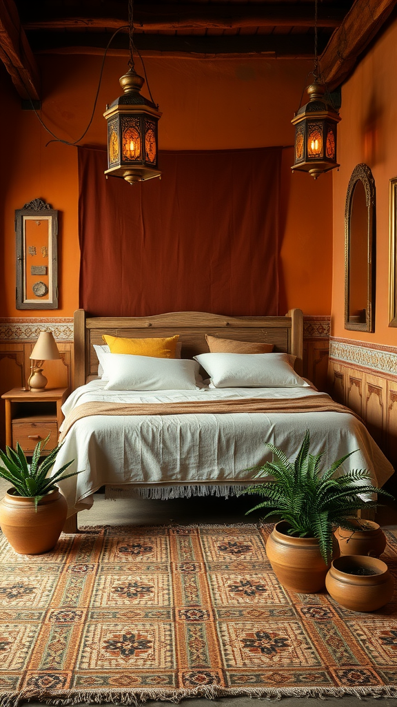 A cozy Moroccan bedroom featuring warm colors, a wooden bed, lanterns, plants, and a patterned rug.