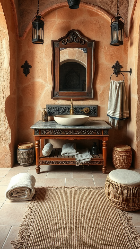 Rustic Moroccan bathroom with orange walls, wooden vanity, and decorative lanterns.