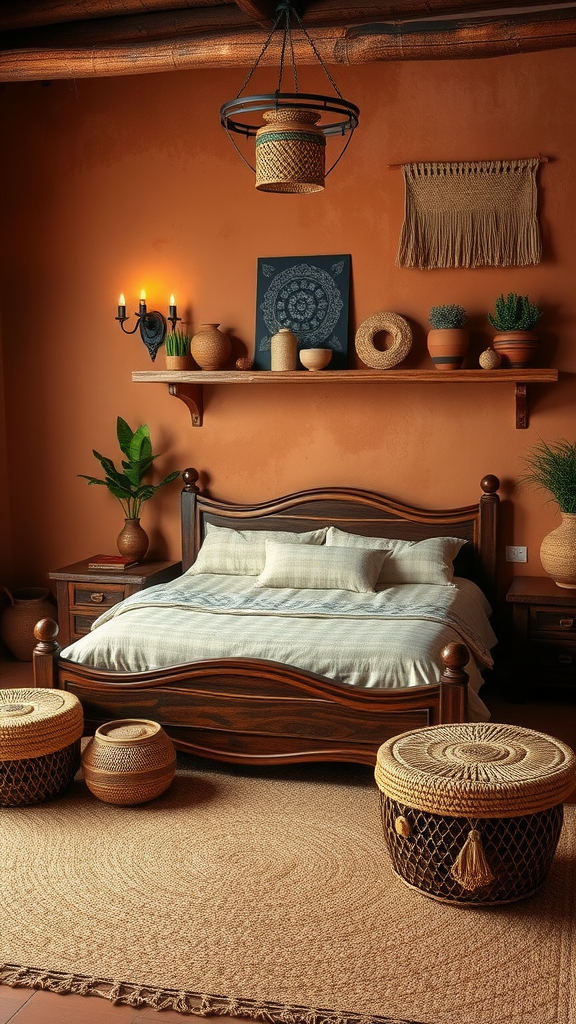 A cozy Moroccan bedroom featuring rustic wooden furniture, warm orange walls, woven baskets, and a soft rug.