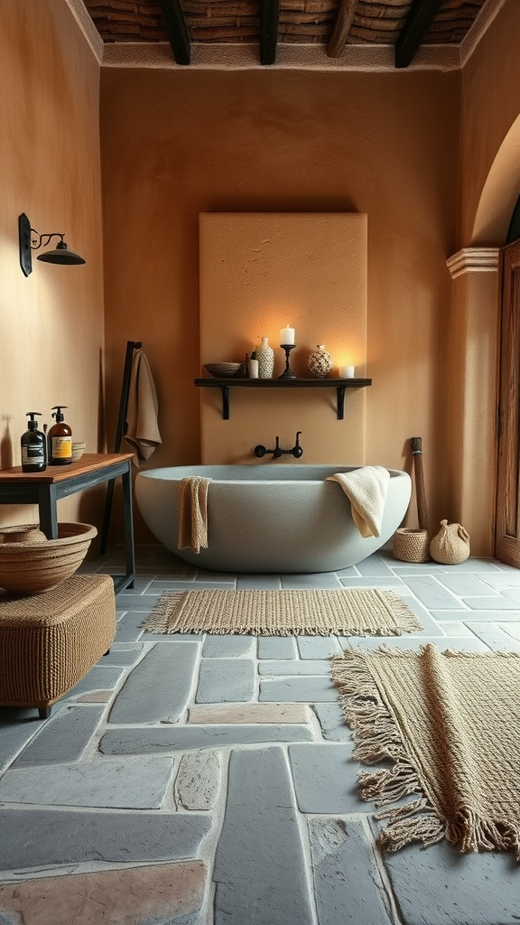 A rustic Moroccan bathroom featuring earthy walls, a smooth bathtub, and stone flooring.