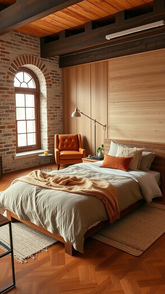 A modern rustic bedroom featuring warm tones, wooden beams, and a cozy bed with soft linens.