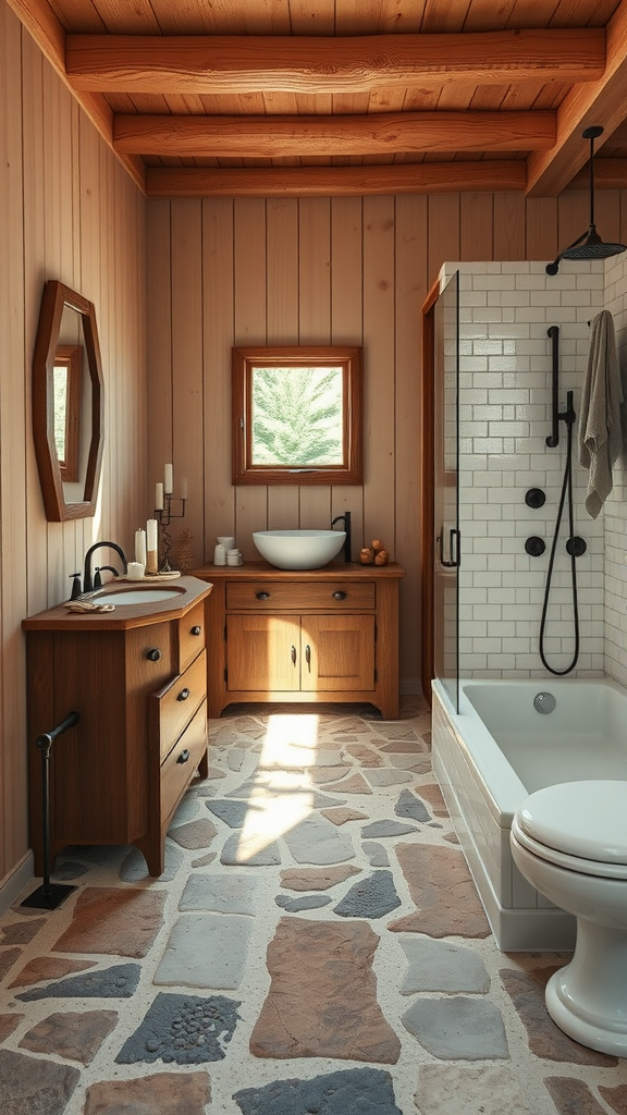 Interior view of a rustic Scandinavian bathroom with wooden beams, stone floor, and modern fixtures