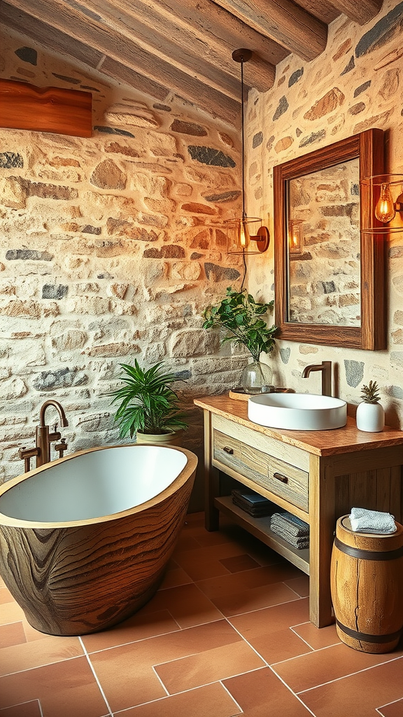 Rustic stone bathroom featuring a wooden bathtub and natural decor.