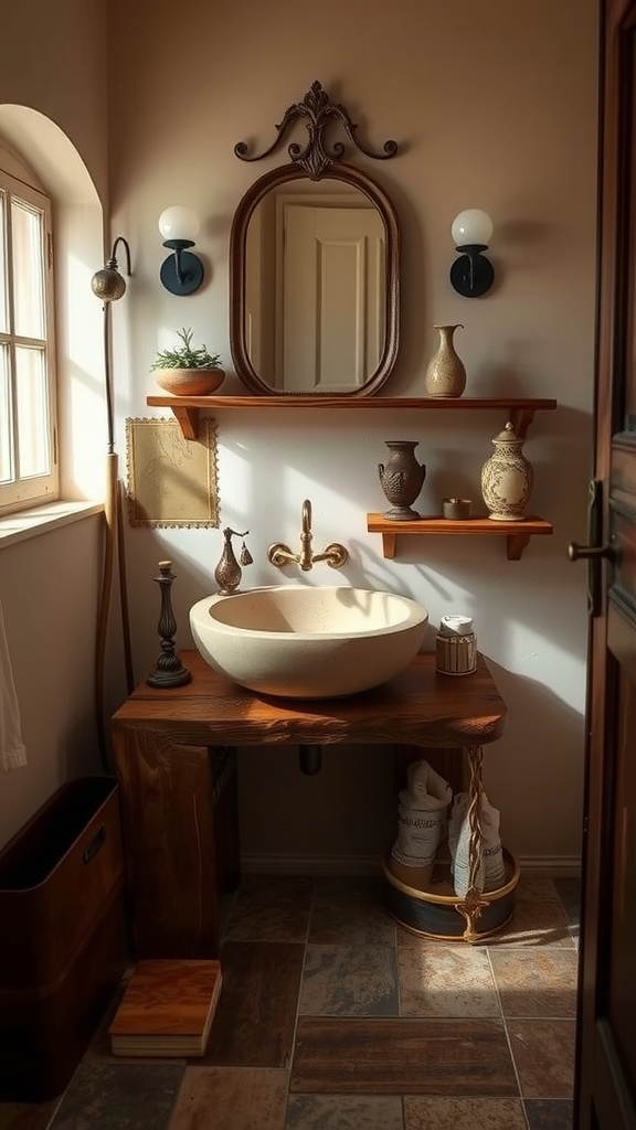 A rustic bathroom featuring a stone sink and raw wood shelves with decorative pottery.