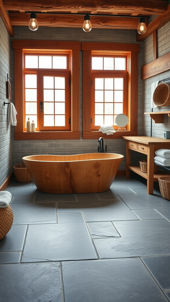 A rustic bathroom featuring a wooden bathtub, slate flooring, and large windows.