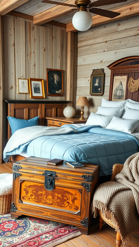 A rustic vintage bedroom with wooden walls, a blue bedspread, vintage portraits on the wall, and a decorative trunk at the foot of the bed.