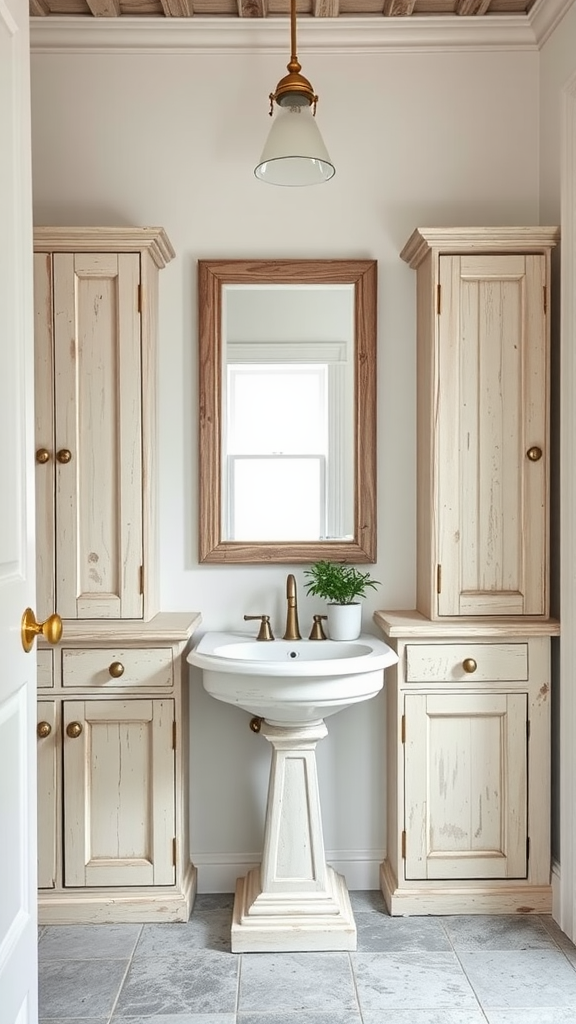 A rustic bathroom featuring whitewashed cabinets, an antique mirror, and a pedestal sink.