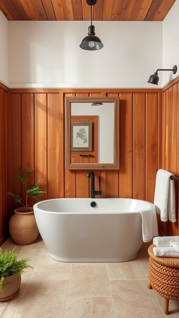 A rustic bathroom featuring wood paneling, a white bathtub, and beige tiled flooring.